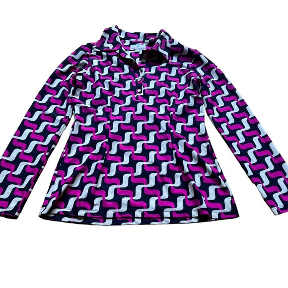 Jude Connally Tops - Jude Connally Size S Pink Navy Blue Geometric Print Long Sleeve Polo Shirt Top